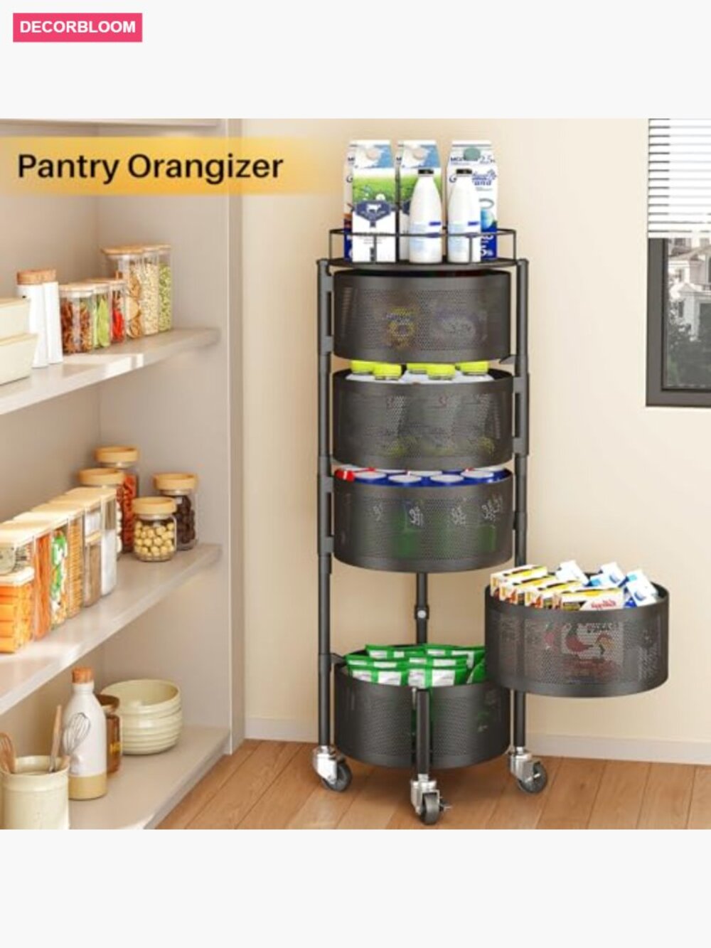 5-Tier Rotating Fruit Basket Storage Cart on Wheels with Lid - Picture 5 of 7